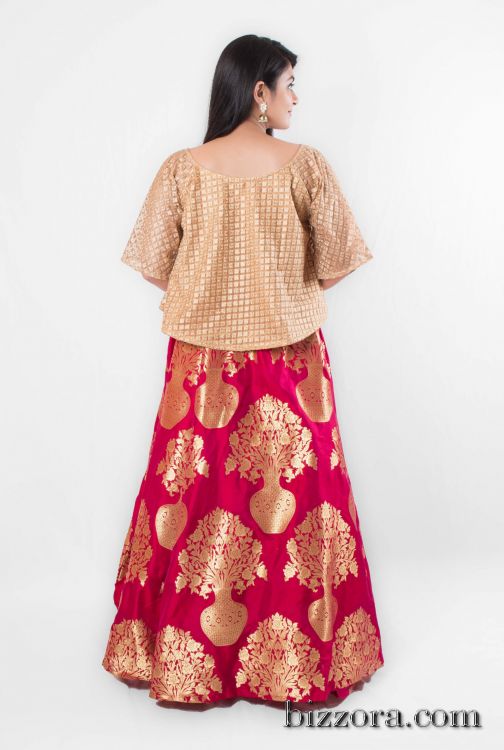 golden shirt with red lehenga